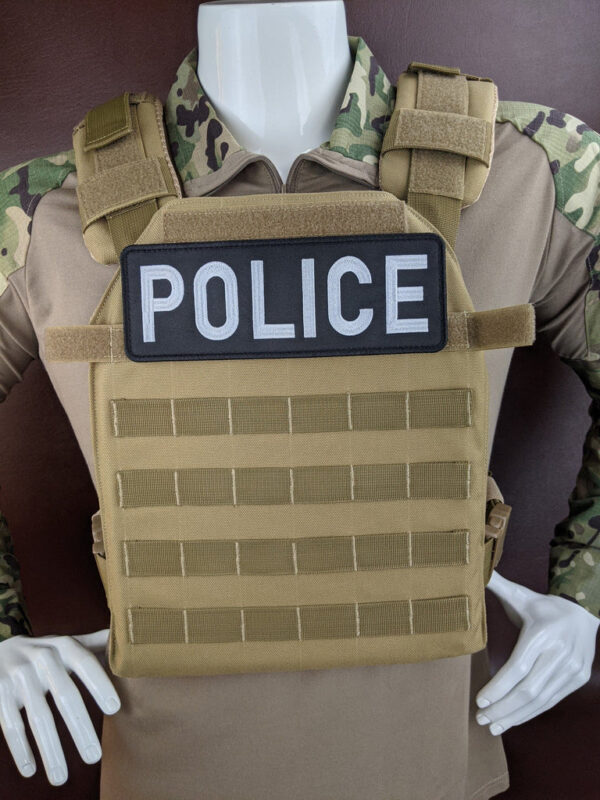Khaki Armor Plate Carrier Vest with Level 3A, 3, or 4 Armor Plates front view with police text on a mannequin
