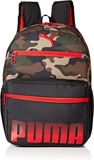 Bulletproof PUMA Kids' Meridian Backpack in Black and red camouflage pattern front view
