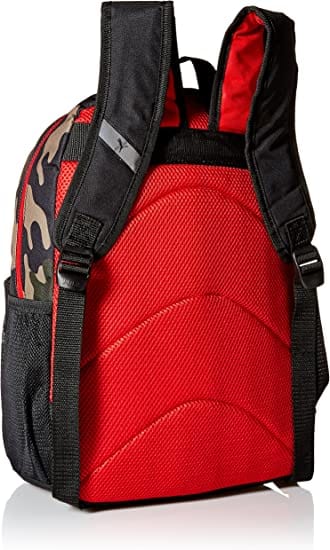 Bulletproof PUMA Kids' Meridian Backpack in Black and red camouflage pattern back view
