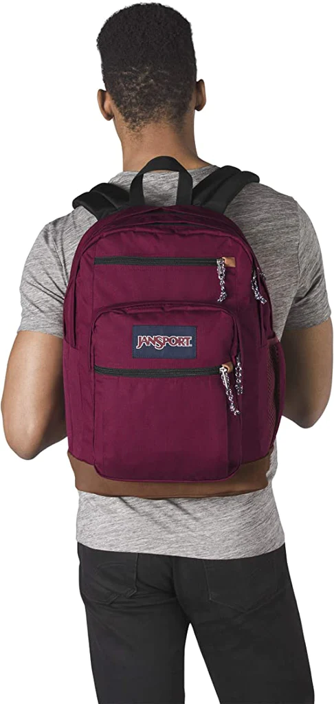 Man wearing Russet red JanSport Bulletproof Backpack back view