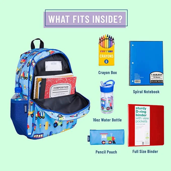 Blue Children's Bulletproof Backpack for School image showing what items can fit inside