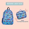 Blue Children's Bulletproof Backpack for School showing matching lunch gear
