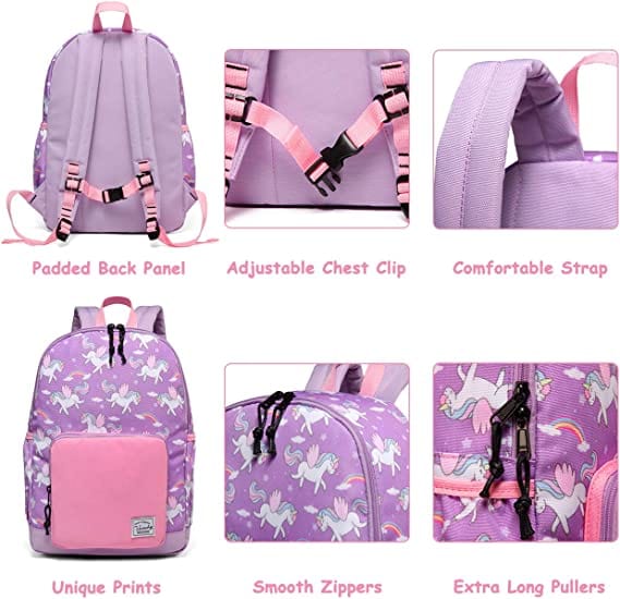 Pink and purple Bulletproof Backpack for Kids with unicorn pattern different close up view of bag details