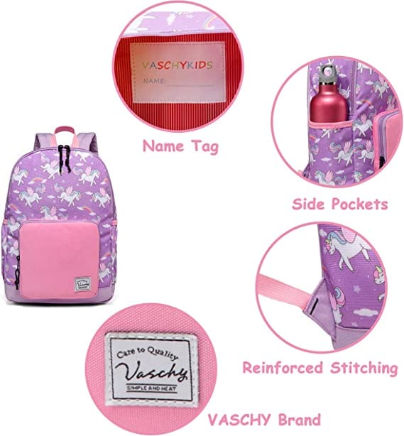 Pink and purple Bulletproof Backpack for Kids with unicorn pattern different close up view of details