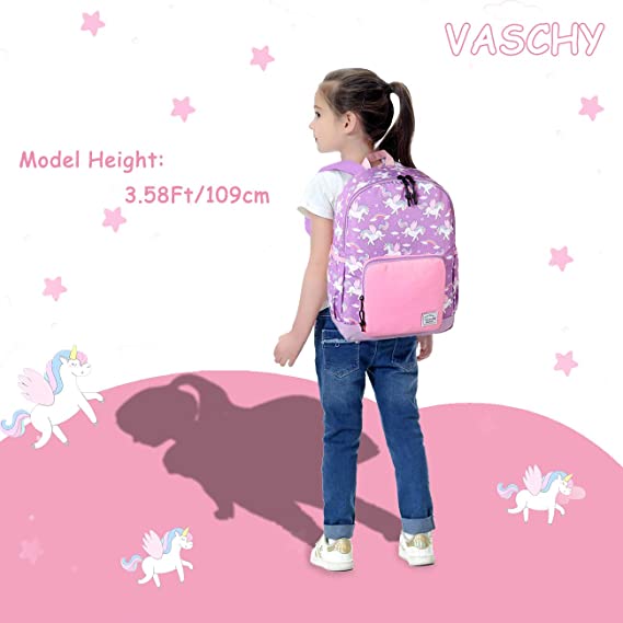wearing a Pink and purple Bulletproof Backpack for Kids with unicorn pattern different close up view