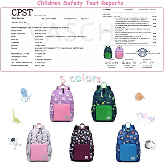 Children safety test reports document of the Bulletproof Backpack for Kids in different print patterns