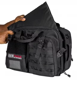 Black Hondo Patrol Bag + Level IIIA Bullet Resistant Armor Panel Insert 11" x 14" side view showing stuff out