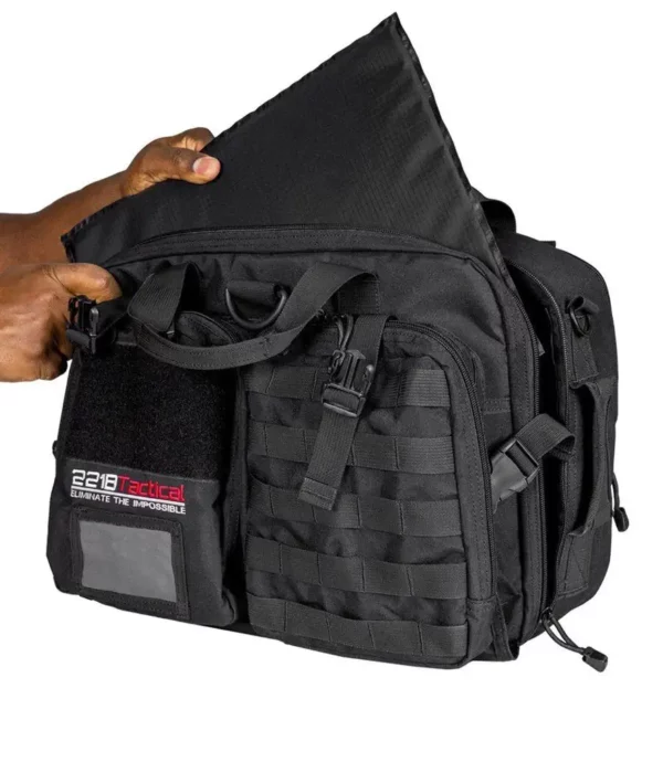Black Hondo Patrol Bag + Level IIIA Bullet Resistant Armor Panel Insert 11" x 14" side view showing stuff out