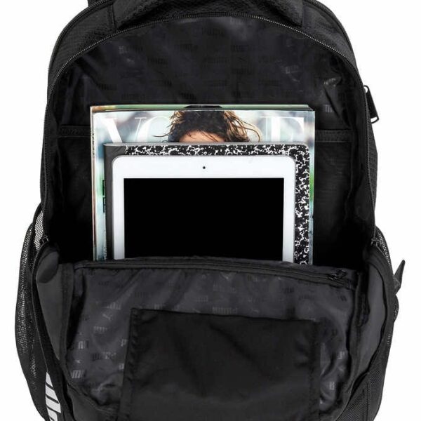 Black Bulletproof Puma Challenger Backpack with stuff inside view