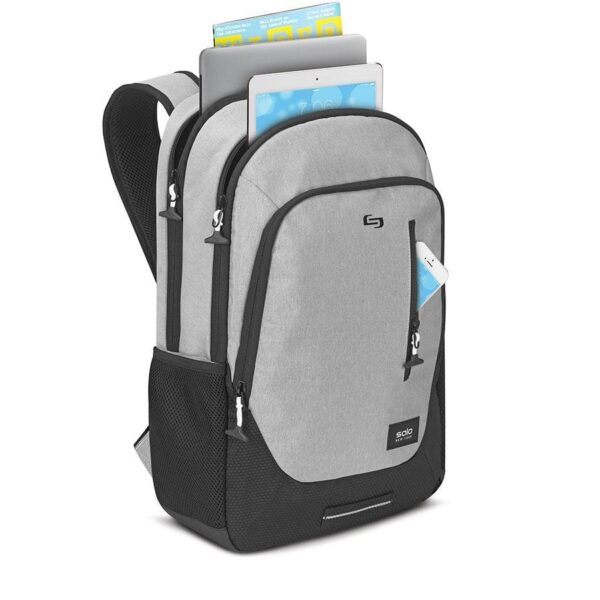 Black and grey Bulletproof Solo New York Varsity Region Backpack showing stuff out
