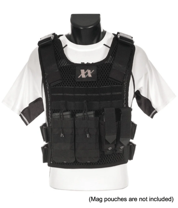 Black 100% breathable Fast-adjustable Phantom Plate Carrier Vest front view on a mannequin