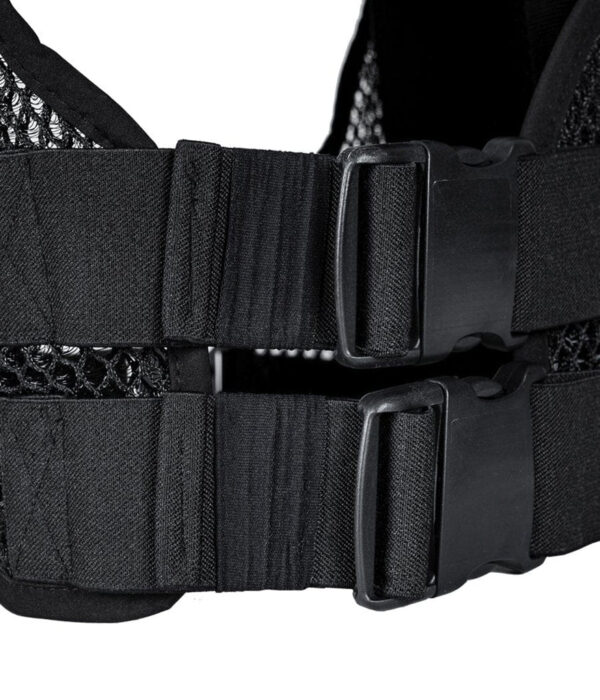 Black 100% breathable Fast-adjustable Phantom Plate Carrier Vest side strap close up view