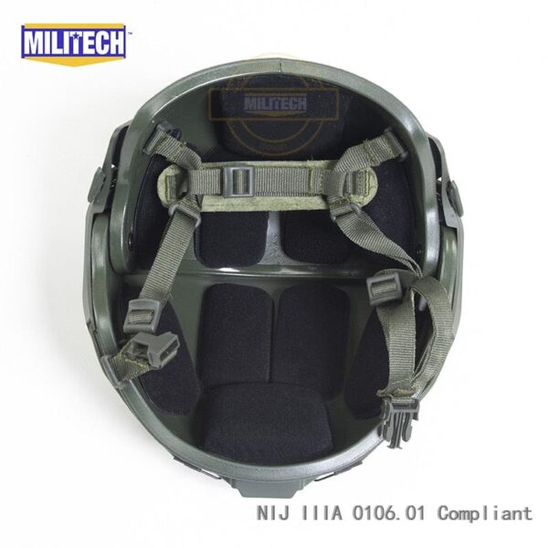 Green NIJ Level IIIA+ AirFrame Style Ballistic Helmet inside view showing head straps