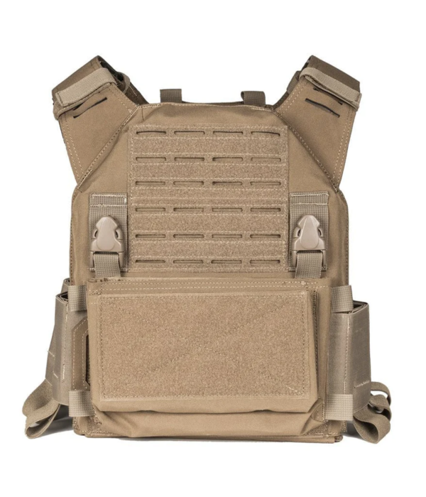Khaki QRF Low Visibility Minimalist Plate Carrier with Armor Plates front view