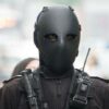 Wearing black NIJ Level IIIA+ Full Face Bulletproof Mask front view