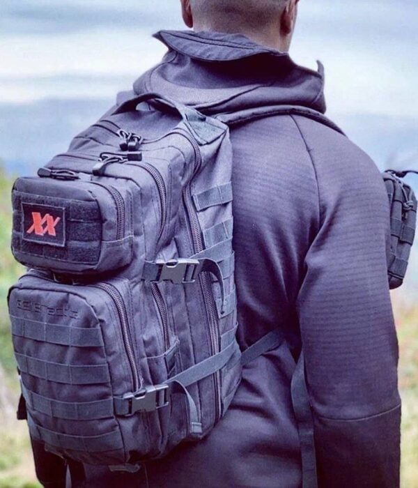 Man wearing Black Armored Backpack Tactical Assault Bag + Level IIIA Armor Panel side view