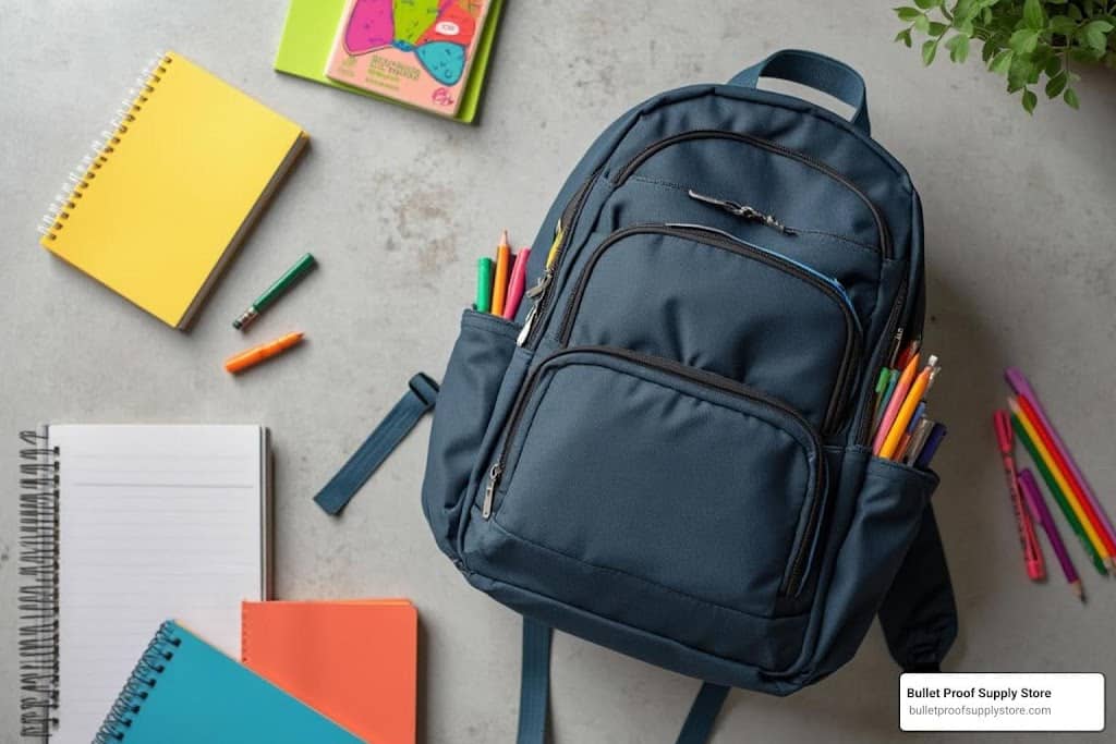 img - bag notebooks and pencils on the floor